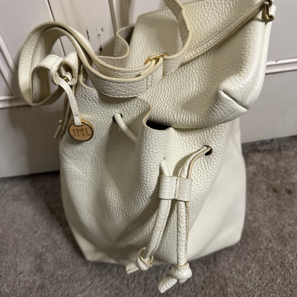 J. McLaughlin Cream Pebbled Leather Drawstring Shoulder Bag